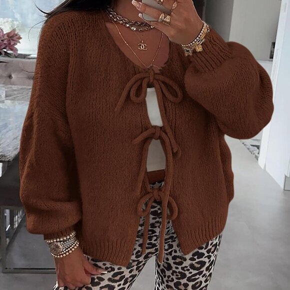 Women's Tie Front Bow Cardigan Sweaters Chunky Knit Long Puff Sleeve Trendy Fall - Picture 7 of 8